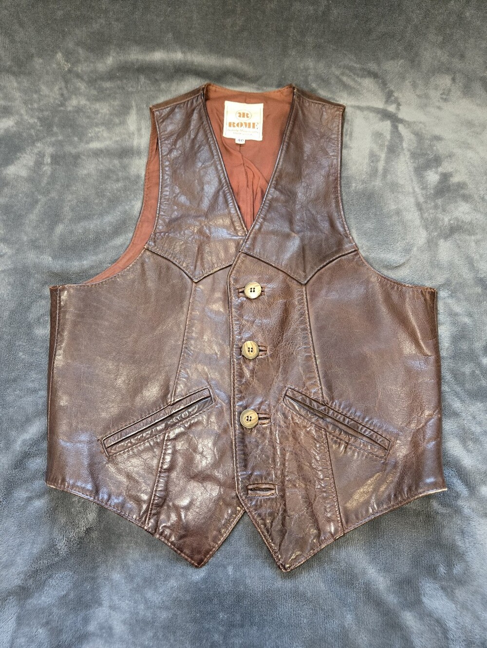 VTG Rome Men's Brown Leather Vest 40 Cowboy Western Yoke Biker *MISSING BUTTON*